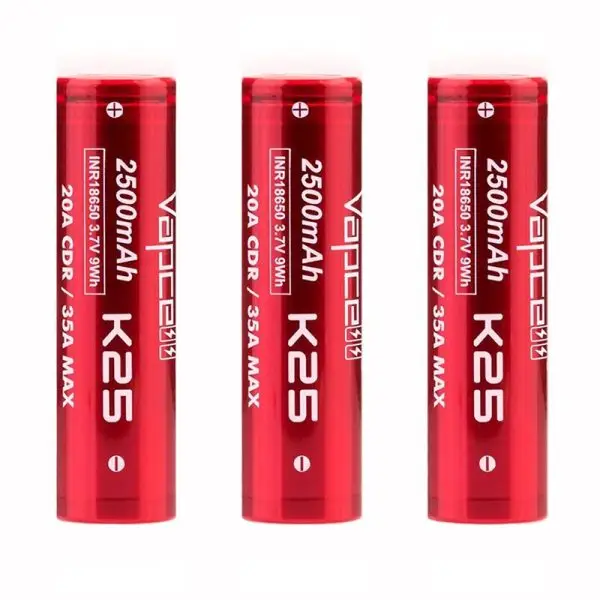 Vapcell K25 18650 Battery in Case showing the yellow battery wrap and plastic protective box.