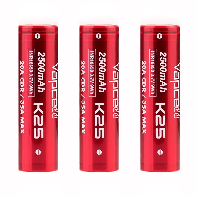 Vapcell K25 18650 Battery in Case showing the yellow battery wrap and plastic protective box.