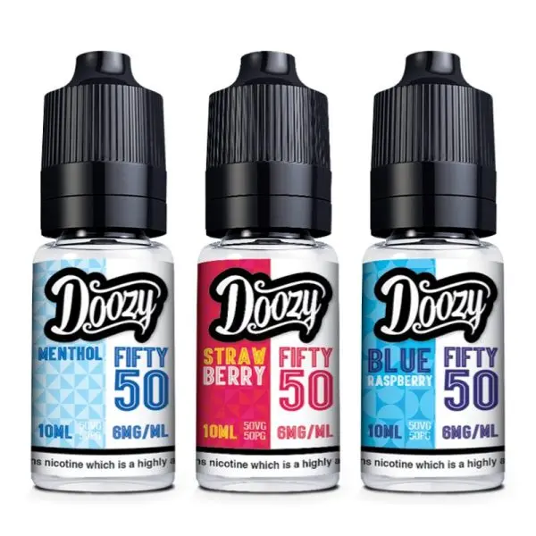 Doozy Fifty 50 E-Liquid. Perfect for starter kits. Classic flavours like Blue Raspberry and Tobacco