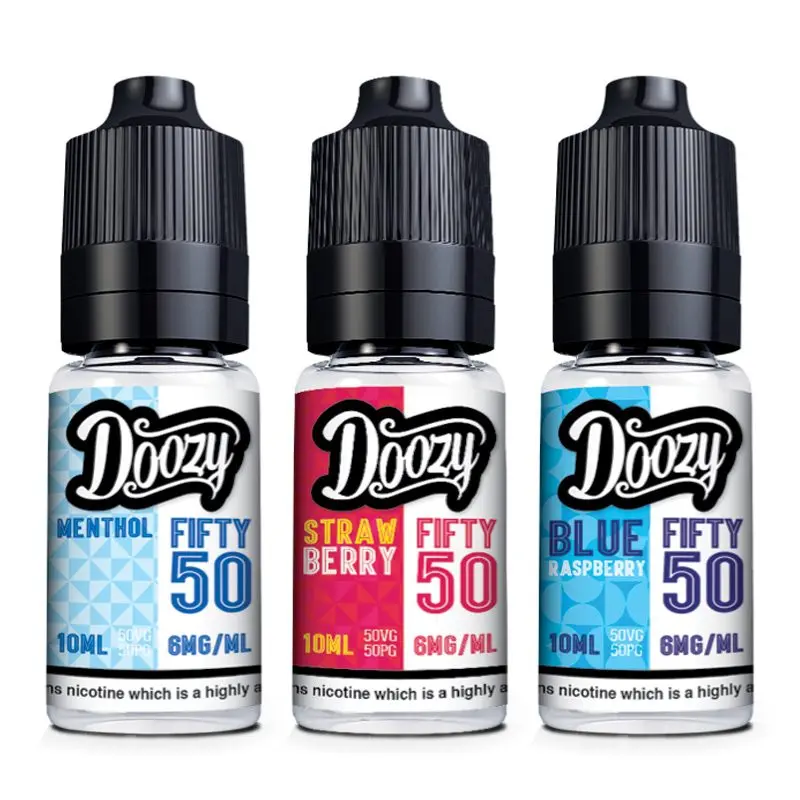 Doozy Fifty 50 E-Liquid. Perfect for starter kits. Classic flavours like Blue Raspberry and Tobacco