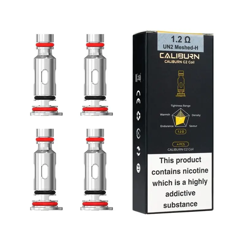Uwell Caliburn G2 Coils 1.2 ohm UN2 Meshed-H (4 Pack) showing the mesh core and yellow O-rings.