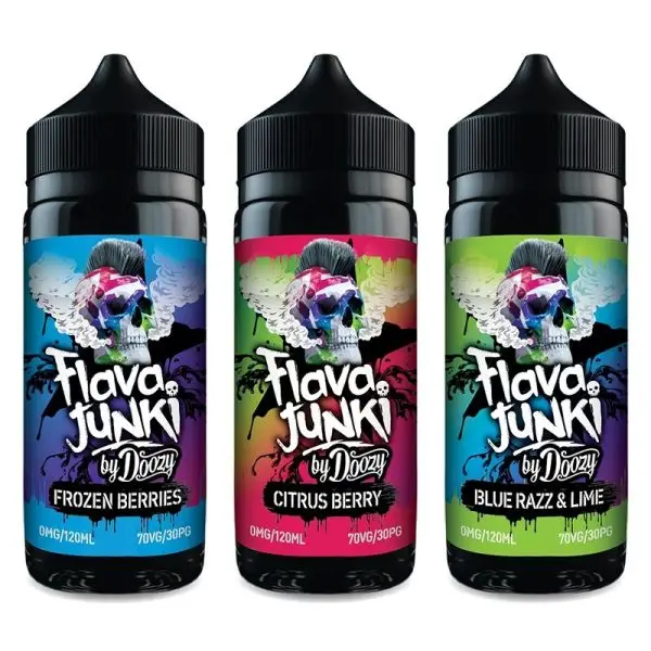 Flava Junki 100ml Shortfill bottle in the Blue Razz Lime flavor.
