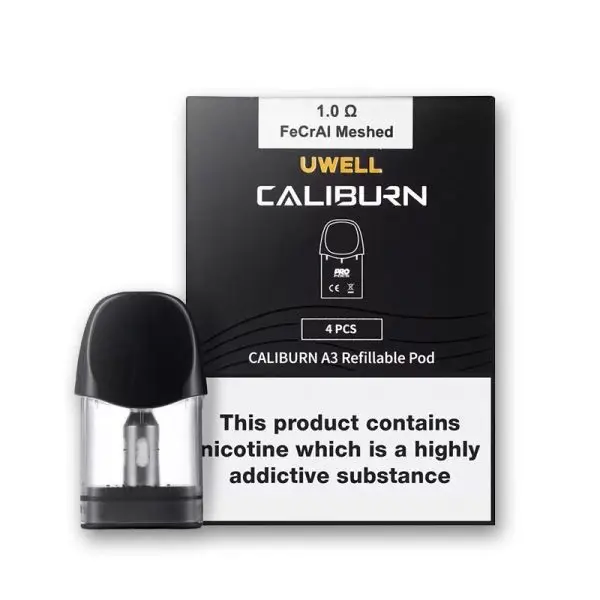 Uwell Caliburn A3 Pods 4-pack with the black mouthpiece removed for filling.