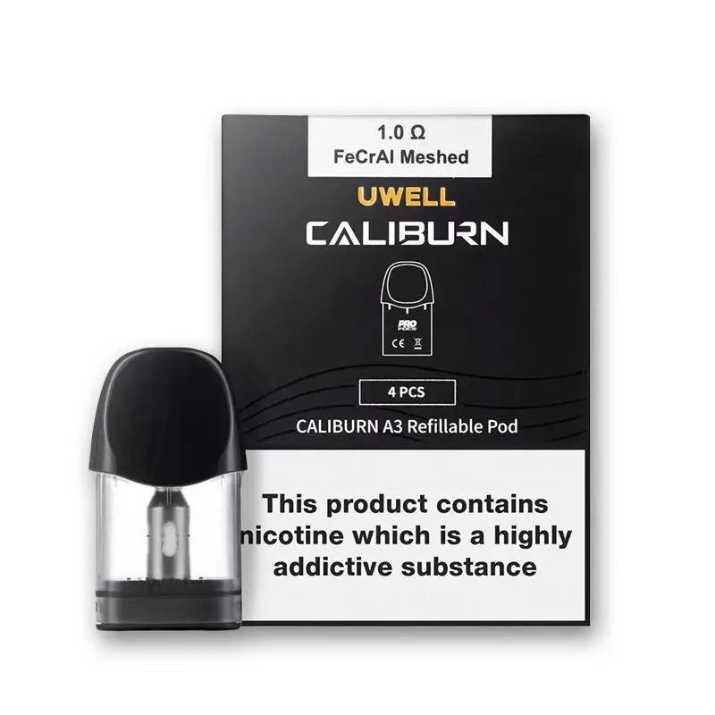 Uwell Caliburn A3 Pods 4-pack with the black mouthpiece removed for filling.