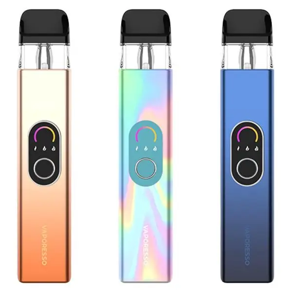 Vaporesso Xros 4 in Sunset Neon showing the power adjustment button and OLED screen.