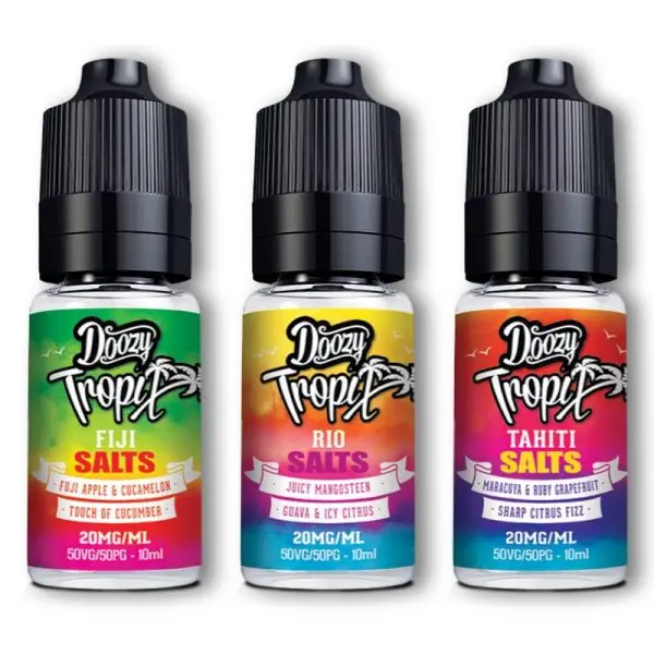 Doozy Tropix 10ml Salts. Perfectly balanced at 50/50 VG/PG, they are the ultimate choice for vapers seeking a premium, holiday-vibe experience in their pod kit.