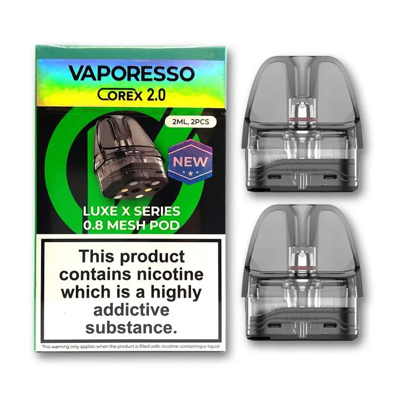 Vaporesso Luxe X Corex 2.0 Pods showing the new narrower mouthpiece for MTL and the mesh heating element.
