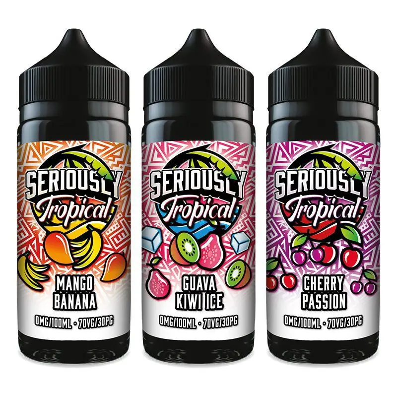 Seriously Tropical 100ml Shortfill bottle showing the vibrant tropical fruit graphics.