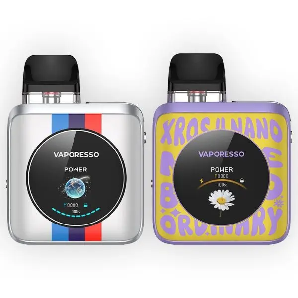 Vaporesso Xros 4 Nano Kit in Camouflage showing the large circular color screen and side airflow.