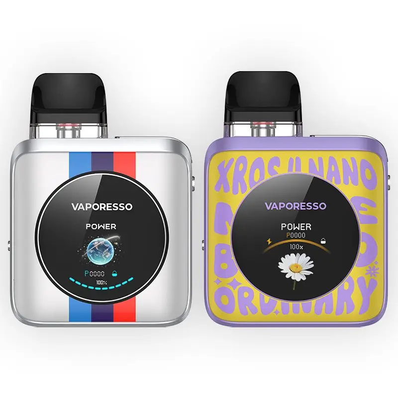 Vaporesso Xros 4 Nano Kit in Camouflage showing the large circular color screen and side airflow.