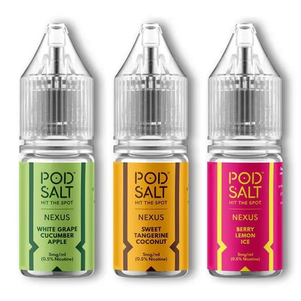 10ml bottle of Pod Salt Nexus Nic Salt e-liquid in Fuji Apple Peach flavor.