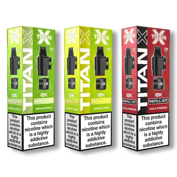 Titan X Prefilled Pods. Each pack comes with a 2ml mesh pod and three 5ml auto-refill capsules. This unique setup allows you to simply click and twist to stay topped up, providing roughly 10,000 puffs
