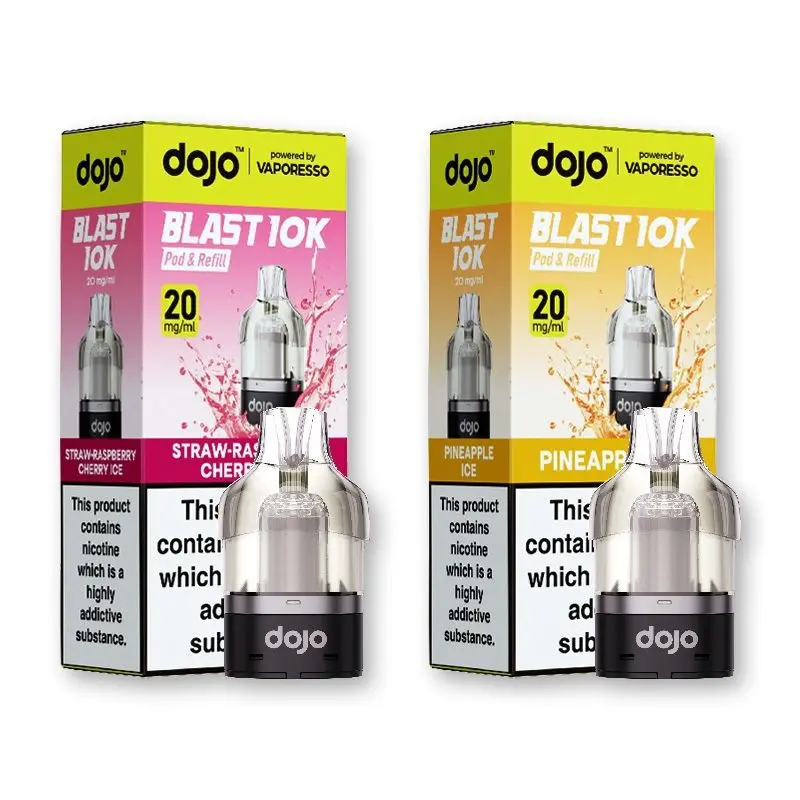 Vaporesso Dojo Blast 10K Refill. This replacement pack includes a fresh 2ml pod and the integrated 10ml refill container
