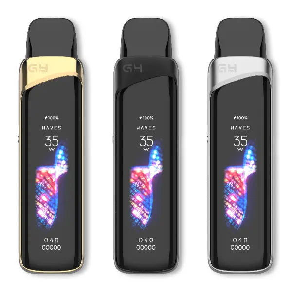 Uwell Caliburn G4 Pro Pod Vape Kit. Features a shatterproof UI that allows you to swipe to change themes, lock the device, or customize your power curve