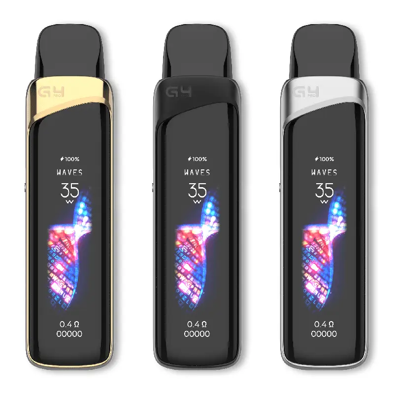 Uwell Caliburn G4 Pro Pod Vape Kit. Features a shatterproof UI that allows you to swipe to change themes, lock the device, or customize your power curve
