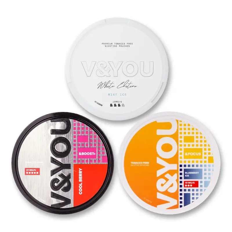 V & YOU Nicotine Pouches &BOOST Mint tin.