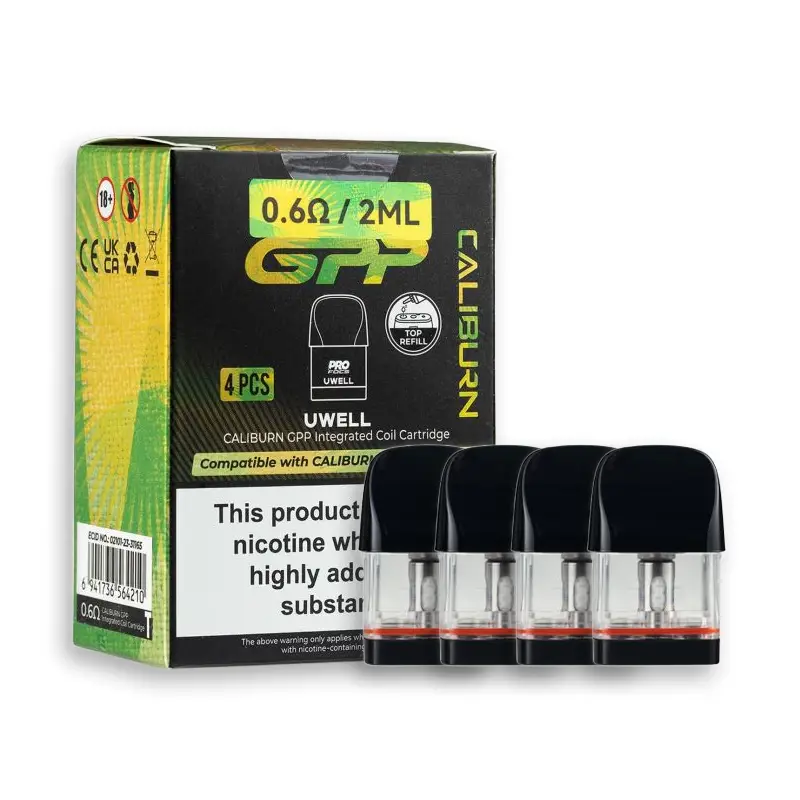 Uwell Caliburn GPP Pods (4-Pack) showing the clear reservoir and black mouthpiece.