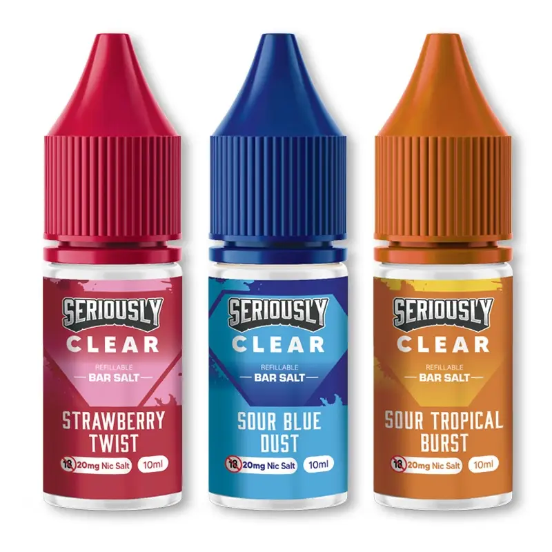 Seriously Clear Nic Salts.Seriously Clear 10ml Nic Salt bottles in various flavours like Sour Blue Dust and Strawberry Twist.