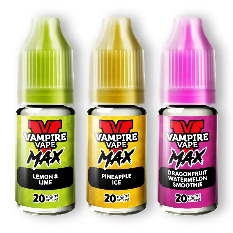 A 10ml bottle of Vampire Vape Max Nic Salts showing the vibrant branding and nicotine strength against a clean background.